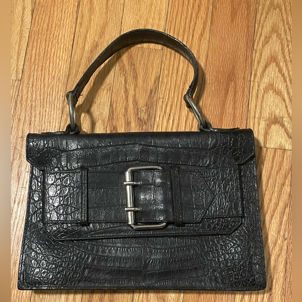Tosca Blu Black Leather Croc Embossed Handbag Satchel